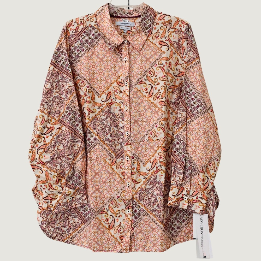 NWT Foxcroft Heritage Long Sleeve Shirt Women 18W Orange Non-Iron Paisley Print